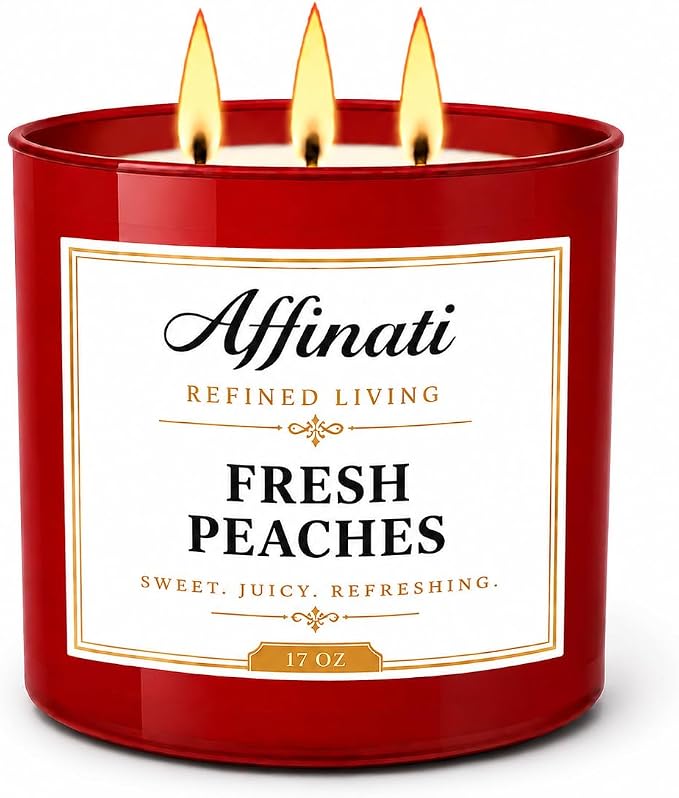 Affinati Fresh Peaches 3-Wick Scented Candle – Large Soy Blend Candle, Strong Scent Throw Sweet Vibrant Summer Orchard Fruit Candle, Premium Room Odor Eliminator