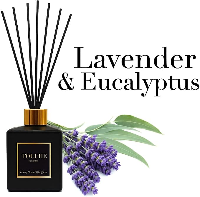 Touche Luxury Natural Reed Diffuser. Long Lasting Scented Home Fragrance. Natural Essential Oil Alcohol-Free. 4.75 OZ. Glass Bottle (Lavender & Eucalyptus - Black Bottle)