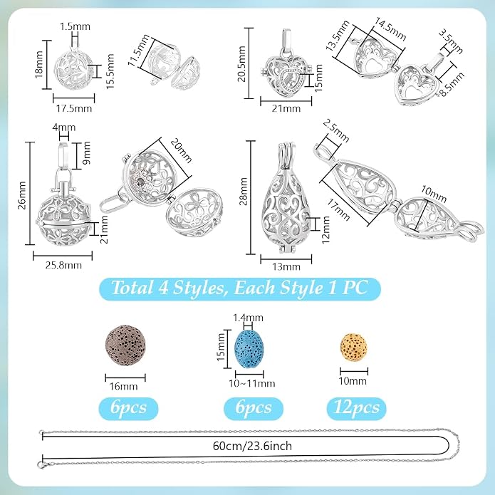 PH PandaHall 4pcs Essential Oil Diffuser Necklace Aromatherapy Locket Pendant With Stainless Steel Necklace And 26 Pieces Refill Lava Rock Round Beads for Women Jewelry Accessory Birthday Gift