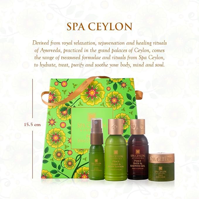 Spa Ceylon Ayurveda Peace Discovery Set - 4-Piece Natural Bath & Body Gift Set with Lavender, Lemongrass & Peppermint - Shower Gel, Body Lotion, Pillow Mist & Body Scrub