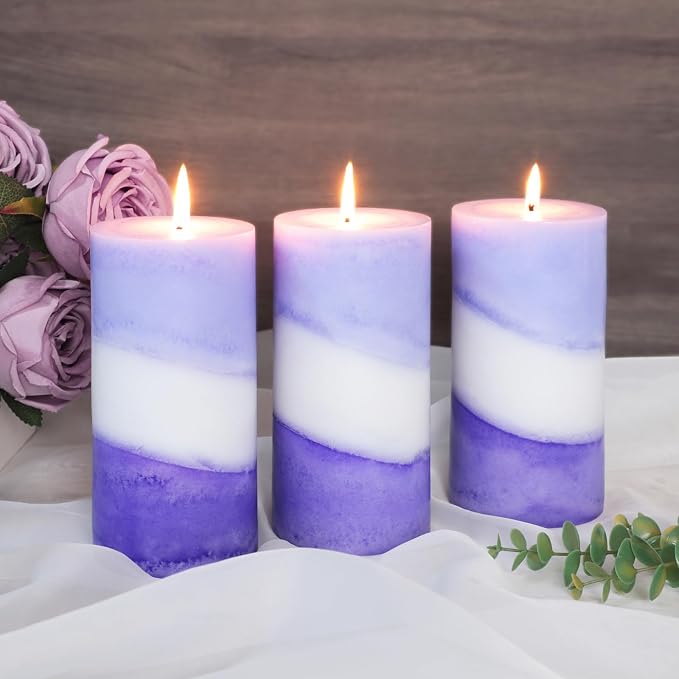 Crystal Club Lavender Scented Pillar Candles, Set of 3 3x6 Inch Purple Pillar Candles, 70+ Hours Long Burning Time, 100% Cotton Wick, Smokeless & Dripless for Home Decor, Relaxation, and Aromatherapy