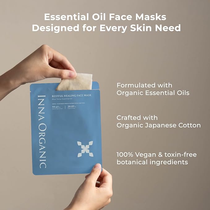 INNA ORGANIC Organic Sheet Mask - Nexty Award Finalist, Sleep Well Glow, Overnight Renewal, Restful Healing, Sustainable & Clean Beauty (Pack of 5) | Blue Tansy Essential Oils Infused Skin Care