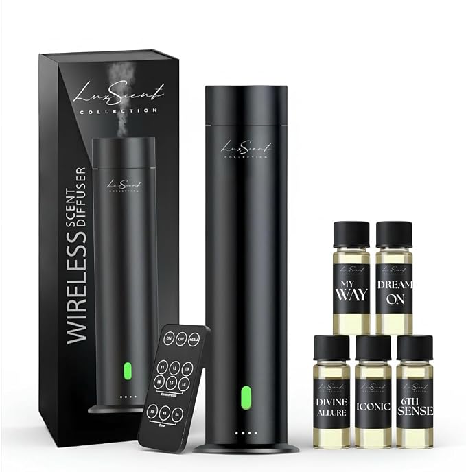 Wireless Aroma Diffuser Scent Oil - Home Luxury Portable Scent Diffuser - Remote Control Waterless Diffuser - 1000 sq. ft Coverage - Essential Oil 20ml Sample Pack Included - Aromatherapy (Black)