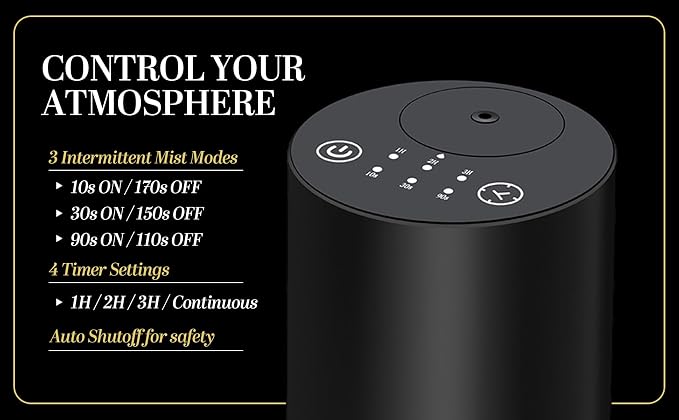 Waterless Essential Oil Diffuser, battery-operated cordless aromatherapy diffuser with timer & 3 mist levels. For car, home, office, yoga studio, nursery, bedrooms, and pet areas. Black aluminum alloy