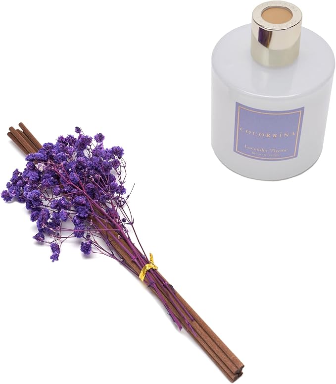 Cocorrína Premium Reed Diffuser Set with Preserved Baby's Breath & Cotton Stick Lavender Thyme | 6.76 Fl.oz Scent Diffuser for Bedroom Bathroom Home Décor