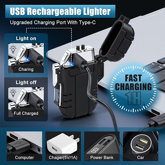 LcFun Electric Lighter USB C Rechargeable Plasma Lighter Windproof Flameless Arc Lighters, Waterproof Matches for Camping Hiking Hunting, Survival Tactical Gear Gifts for Men Fathers Husband