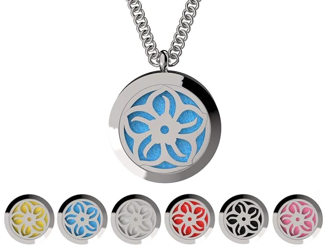 Wild Essentials Lotus Flower Essential Oil Diffuser Necklace, Stainless Steel Locket Pendant with 24 inch Chain, 12 Color Refill Pads, Customizable Color Changing Perfume Jewelry for Aromatherapy