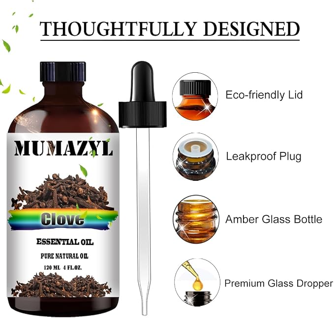 Clove Essential Oil, Clove Oil 4 Fl Oz 120ML for Diffuser Humidifier Yoga Cleaning DIY Candle Soap Making MUMAZYL Essential Oils