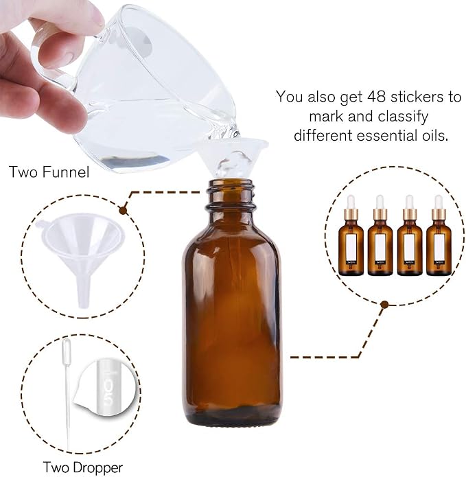 PrettyCare 1oz Glass Dropper Bottle Set of 24, Thick Amber Empty Bottles with Leakproof Golden Caps, Labels, Funnels - 30ml Eye Dropper Bottles for Storage, Essential Oils, Tincture