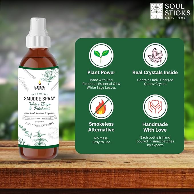 SOUL STICKS White Sage & Patchouli Smudge Spray For Cleansing and Negative Energy | 3.5oz White Sage Smudge Spray with Real Quartz Crystals | Car Fragrance Sage Room Spray for Spiritual Cleansing