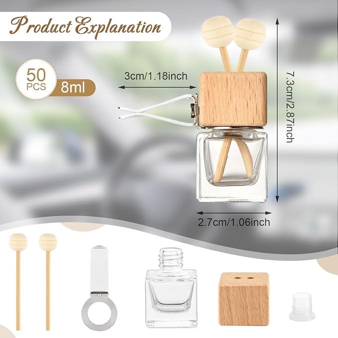 50 Pack,8ml Clear Glass Car Air Freshener Perfume Clip Diffuser,Empty Essential Oil Perfume Vials Diffuser Vent Outlet,Thick Auto Glass Ornament with Wooden Caps,Stick for Car Scent Fragrance