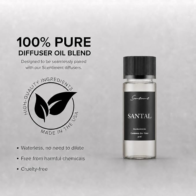 Scentiment Santal Diffuser Oil - Premium Hotel Scent with Notes of Cardamom, Cucumber, & Mint Home Scent, Aromatherapy Fragrance Oil Diffuser Refill - 1.69 fl oz (50 mL)
