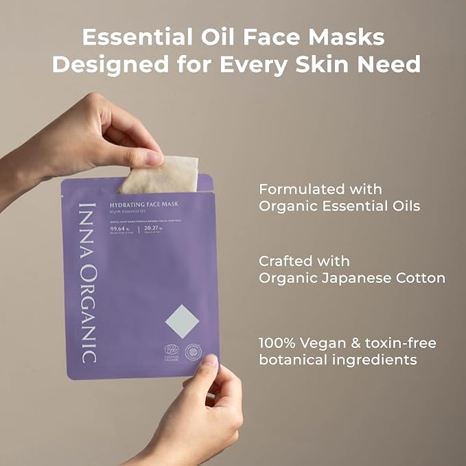 INNA ORGANIC Organic Sheet Mask - Deep Hydration & Post Microneedling Soothing, EWG & COSMOS Certified (Pack of 5) | Myrrh Essential Oils Infused Skin Care | Luxury Clean Beauty