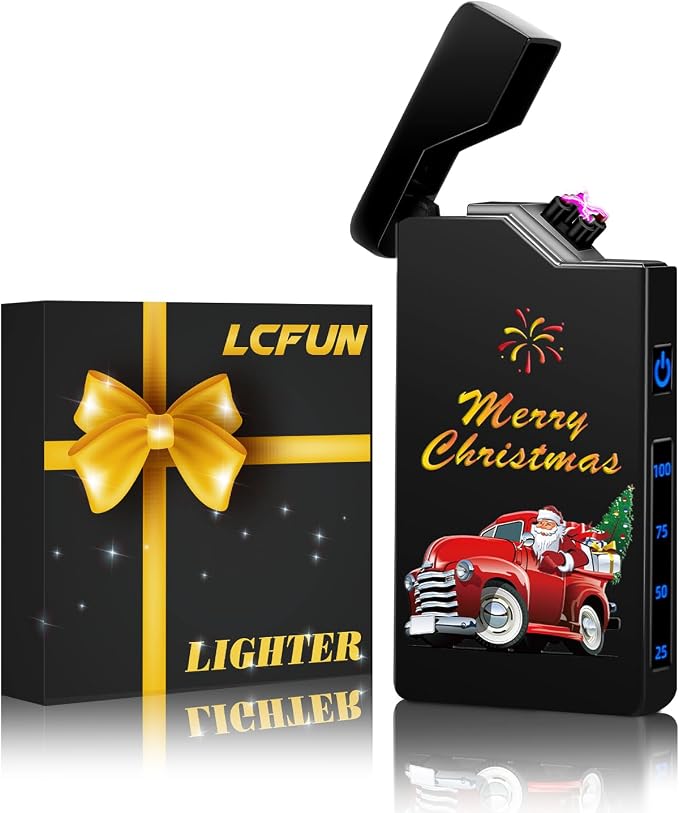 LcFun Christmas Stocking Stuffers for Men Adults, Christmas Birthday Gifts for Men, White Elephant Gifts Electric Lighter, Windproof Plasma Rechargeable Lighter for Candles, Camping (Christmas Black)