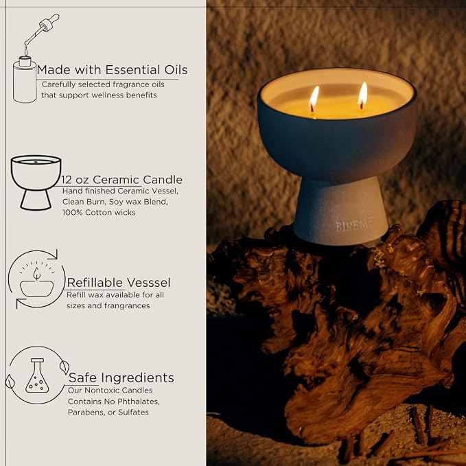 Blueme Calm Candle | Osmanthus & Sandalwood | 2 Wick - Refillable Wellness Candle with Essential Oils, Hand Finished & Poured Soy Wax Blend Ceramic Vessel, Natural Cotton Wicks | Medium 12 oz