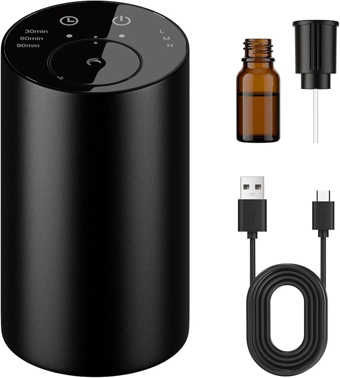 Homease Waterless Essential Oil Diffuser, Portable Cordless Aromatherapy with 3 Timers & Mist Levels, Rechargeable for Home Car Office, Premium Metal Black