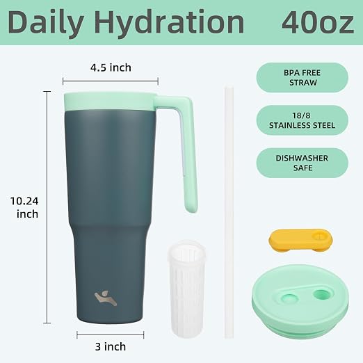 Konokyo Insulated Tumbler with Handle and Straw,40 OZ Vacuum Stainless Steel Water Bottle Travel Mug Metal Cup with Fruit Diffuser,Night Gray