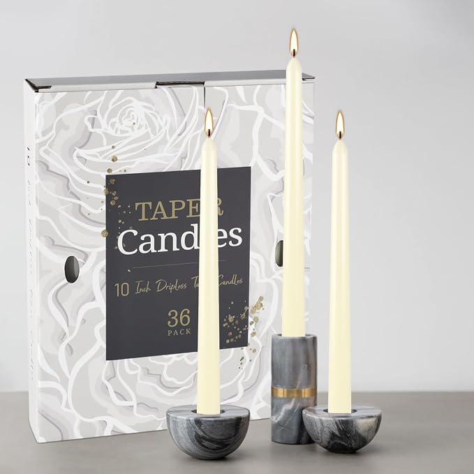 YOROXRG 36 Pack Ivory White Taper Candles, 7-8 Hours Burn Time, Unscented, Smokeless and Dripless, 0.8 x 10 Inch Dinner Candle Set for Household, Wedding, Party and Home Décor Candlesticks