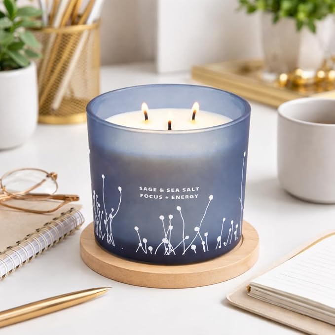White Sage Sea Salt 3 Wick Candle - Large Soy Scented Candle 14.5 oz - Sage Candle for Cleansing House - Aromatherapy Energy Cleansing Candle for Home, Stress Relief, Women & Men