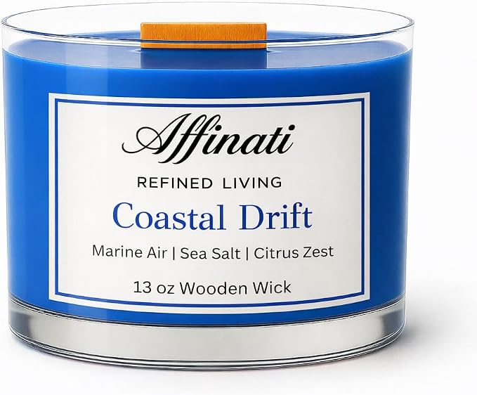 Affinati Coastal Drift Wooden Wick Candle – Luxury Wooden Bowl, 13 oz