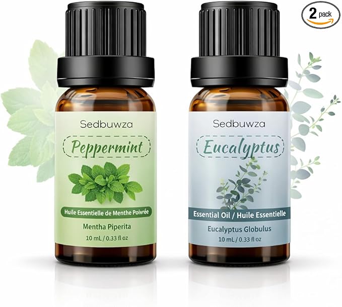 Sedbuwza Peppermint Eucalyptus Essential Oil Set, Peppermint Fragrance Oil Eucalyptus Scent Oil Set for Diffuser, Aromatherapy, Massage, Soap, Candle Making 2 x 10 ml