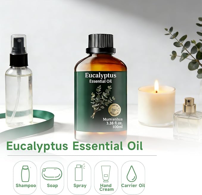 Eucalyptus Essential Oil, Pure Mumianhua Natural Oil for Outdoor Protective Barrier & Patio Freshness, Aromatherapy for Diffuser, DIY Spray, Skin, Hair Care – 3.38 Fl Oz