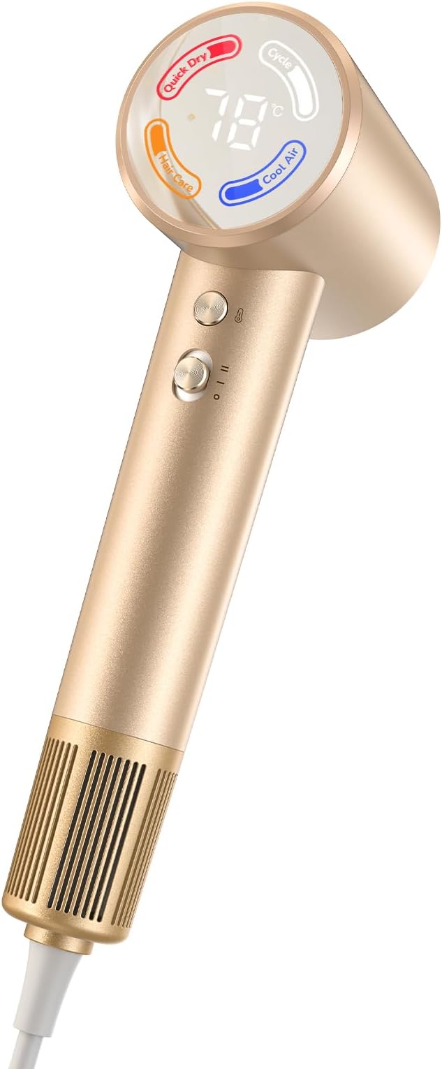 Hair Dryer with Diffuser, Grip-Sensor On/Off High-Speed Blow Dryer for Fast Drying, Ionic Hair Dryer 110000 RPM 1400W 200M for Frizz Reduce, Low Noise Thermo-Control Curly Hair Women Champagne