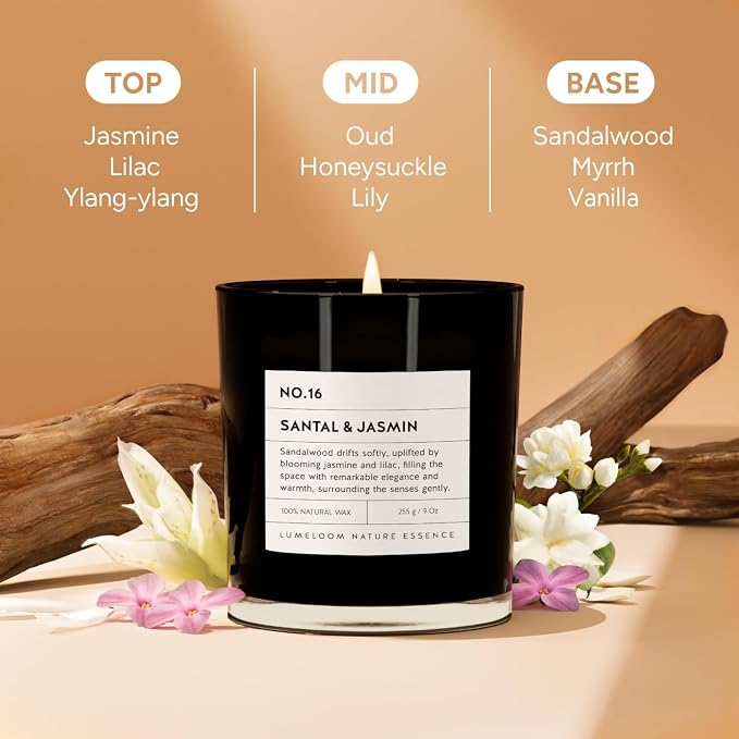 Santal & Jasmine Luxury Scented Candles, 9oz Soy Wax Candles for Home Scented, Jasmine, Sandalwood, Lilac Scent, Long Burning Time, Gifts for Women, Friends, Men, Sister, Teacher, Housewarming