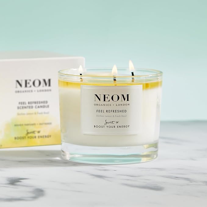 NEOM- Feel Refreshed Scented Candle, 3 Wick | Lemon & Basil | Essential Oil Aromatherapy Candle | Scent to Boost Your Energy