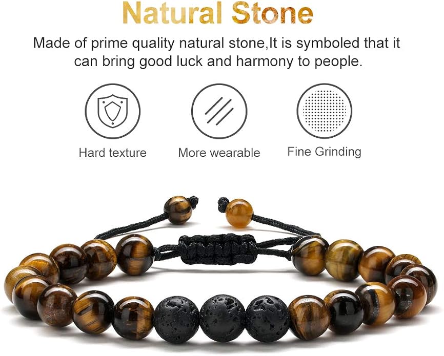 M MOOHAM Mens Bracelet - Beaded Natural Stone 8mm Tiger Eye Matte Agate Lava Rock Bracelets for Men Teen Boys Grandpa Dad Birthday Gifts Jewelry