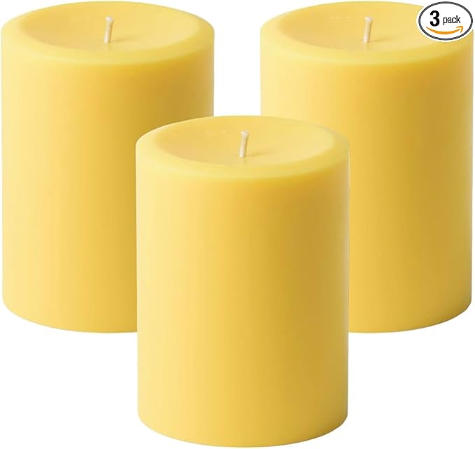 Mister Candle Dripless Unscented Yellow Pillar Candles, Set of 3 Hand Poured Solid Color Non-Scented Candles for Home Decor, Premium Wax, 60 Hr Burn Time - 3x4 Inch, Yellow