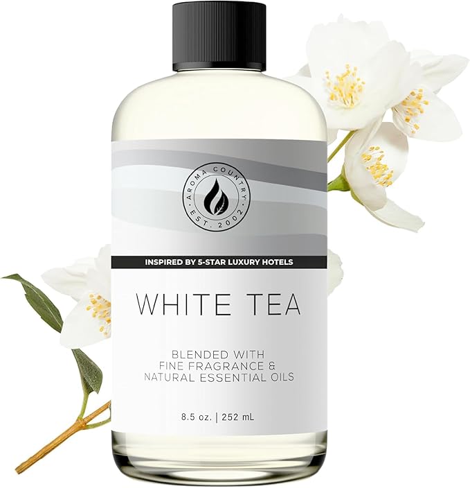 Aroma Country White Tea Diffuser Oil - Luxury Essential Oils for Diffuser Refill & Air Freshener Room Spray, Long-Lasting, Natural Fragrance and Hotel Scent for Diffusers & Machines (8.5 Fl Oz)