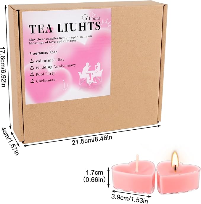 Valentine's Gift 50 PCS Heart Shaped Tea Light Candles, Rose Scented 4-Hour Burn Smokeless Tealights for Valentine's Day, Wedding Anniversary, Proposal&Romantic Decorations.