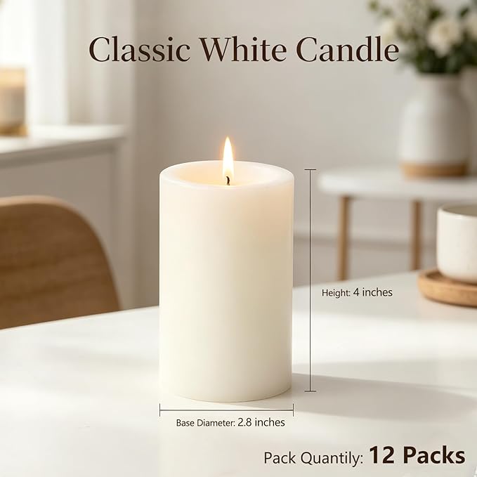 12 Packs White Candles Pillar – 2.8x4 Inch Large Unscented Pillar Candles for Home, 50 Hours Long Clean Burning for Emergency, Dripless & Smokeless, Decorative Candle for Wedding,Centerpiece,Church