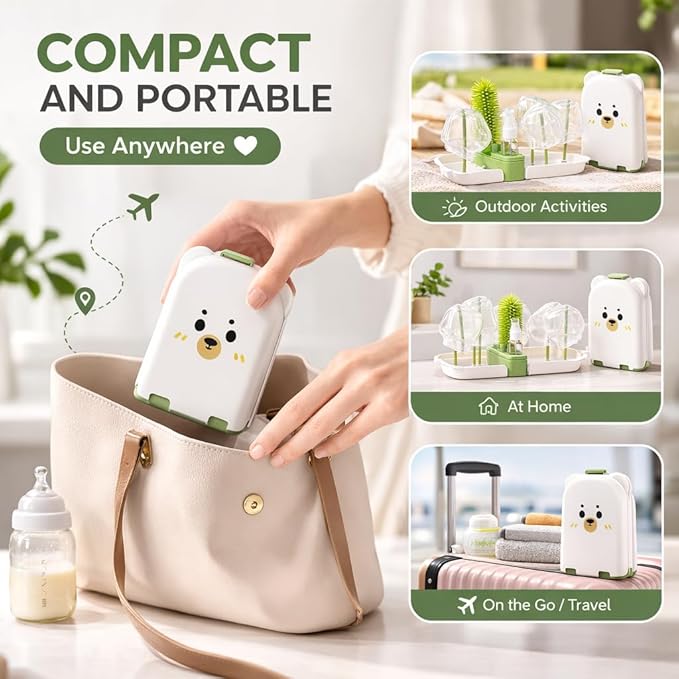 Travel Bottle Cleaner kit, 7in1 Baby Toddler Travel Essential Silicone Bottle Brush Set, Nipple, Drying Rack, Straw, & Breast Pump Cleaning, Soap Dispenser & Organizer Case, Gift Mom