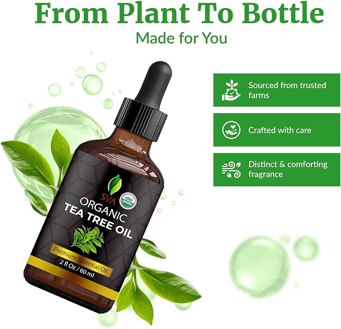 SVA Tea Tree Essential Oil Organic – 2 Fl Oz – 100% Natural Organic Tea Tree Oil - for Diffuser, Hair, Face, Skin Care, Aromatherapy, Scalp and Body Massage, Soap and Candle Making - with Dropper
