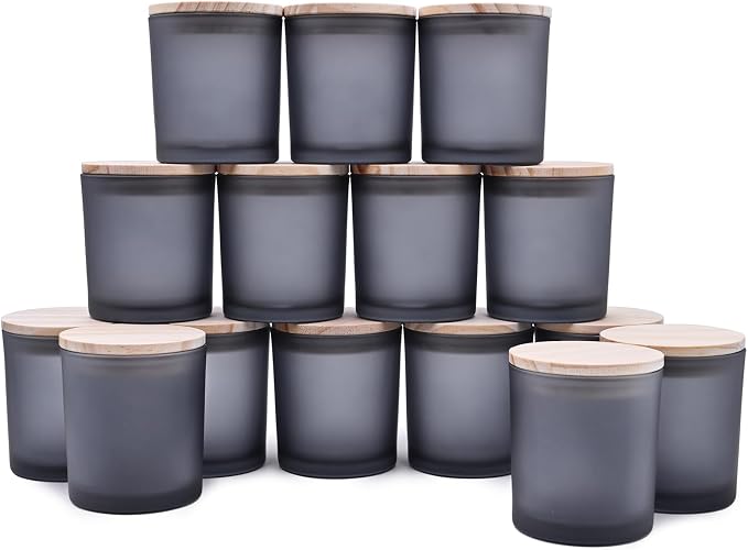 SHOWIN 8 OZ Thick Candle Jars for Making Candles 15 Pcs, Empty Jars with Wood Lids for Candle Making, Sample Container, Frosted Grey