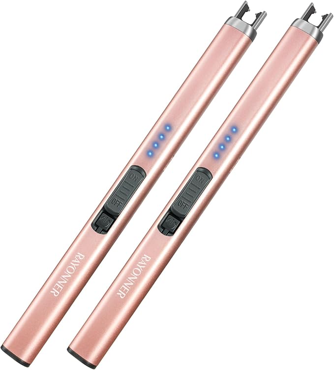 RAYONNER Rechargeable Electric Candle Lighter Windproof Plasma Arc Lighter for Deep Jars BBQ Camping Flameless Fire Starter Christmas Stocking Stuffers Gift (2 Pack - Rosegold)
