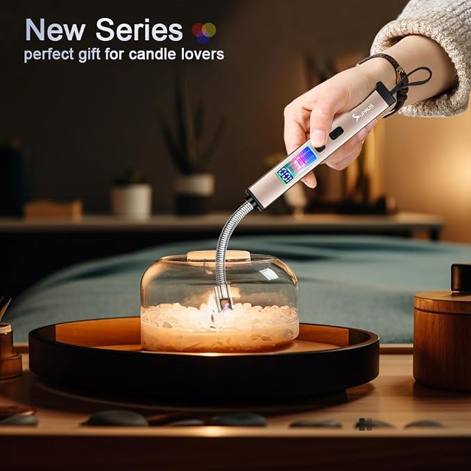 SUPRUS Electric Candle USB Type C Rechargeable 360° Flexible Neck Lighter with Upgraded LED Battery Display Safety Switch Flameless Plasma Windproof (Champagne Gold, 3Packs)