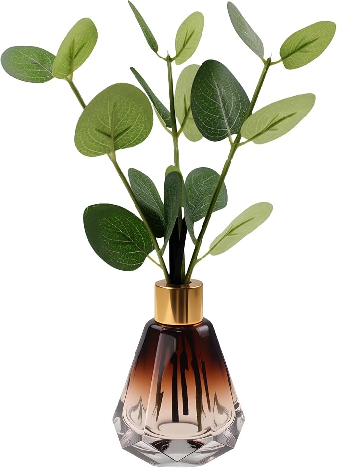 Greenery Reed Diffuser Bottle, Empty Bottle with Scent Diffuser Sticks Fake Eucalyptus, Fragrance Aromatherapy Essential Oil DIY Glass Jar for Bathroom Bedroom Shelf Office Decor (B Style)