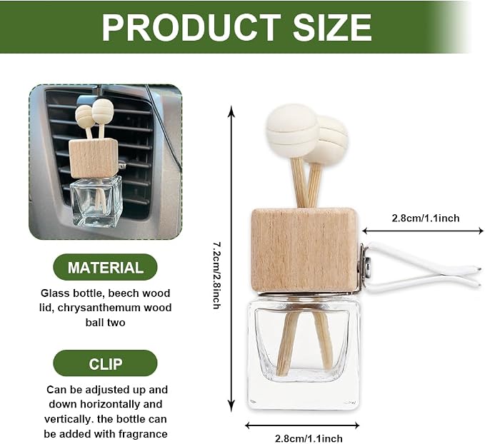 2PCS Car Diffuser Air Freshener Bottle, Car Diffusers for Essential Oils, Clear Glass Auto Air Freshener Vent Clip, Auto Interior Accessories Refillable Perfume Empty Bottles for Most Vehicles