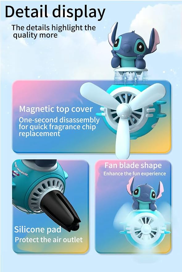Stitch Car Air Fresheners - Cartoon Pilot Automotive Diffuser, Rotating Propeller Automotive Air Outlet Fan Creative Car Perfume Decoration Accessories with 2 Fragrances