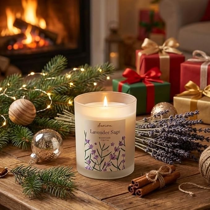 Lavender Sage Scented Candle, 11oz 60 Hour Burn, Natural Soy Wax with Thick Cotton Wick, Highly Scented Aromatherapy Candle for Stress Relief & Meditation, Gifts for Women & Men