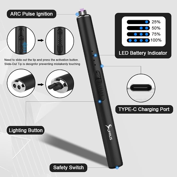 SUPRUS Electric Arc Windproof Flameless USB Rechargeable Lighter with Safety Lock for Candle (Black, 3 Packs)