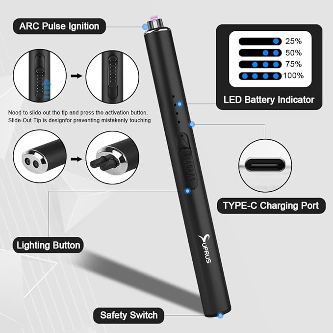 SUPRUS Electric Arc Windproof Flameless USB Rechargeable Lighter with Safety Lock for Candle (Black)