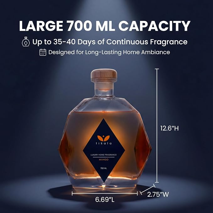 Luxury Reed Diffuser with Mango Scent – Crystal Glass Bottle – Home Fragrance for Living Room, Bathroom & Office – 23.67 fl oz (700 ml)