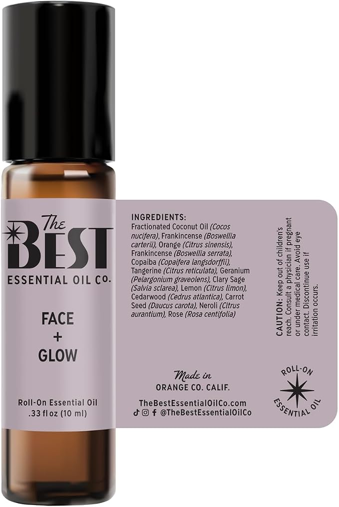 The Best Face + Glow Essential Oil Roll-On Blend- Premium Grade- Pre-Diluted in Coconut Oil- Ready to Use- 10 ml (.33 fl oz)