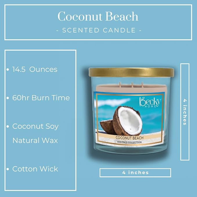 3 Wick Candle, 14.5oz Coconut Beach Candle, 3 Wick Candles Clearance, Big Candles, Three Wick Candle, 3 Wick Candle Jars