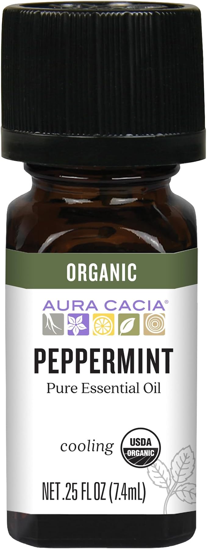 Aura Cacia Organic Peppermint Essential Oil, Mentha Piperita Oil, Cooling Aromatherapy for Diffusers, Skincare, Massage, Custom Blends | 0.25 Fl Oz (Pack of 1)