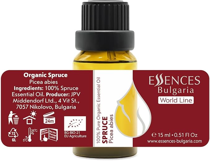Essences Bulgaria Organic Spruce Essential Oil 0.51 Fl Oz | 15ml | Picea Abies | 100% Pure | Natural | Undiluted | Therapeutic Grade | Aromatherapy | Cosmetics | Cruelty Free | Non-GMO | Vegan